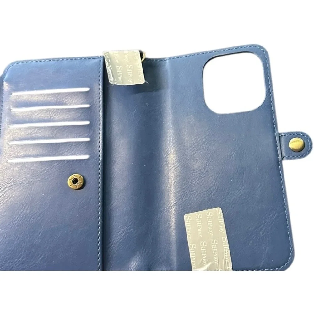 SiHPuoy Wallet Case iPhone 13 Pro Max‎ Card Holder Zipper Wrist Strap Blue